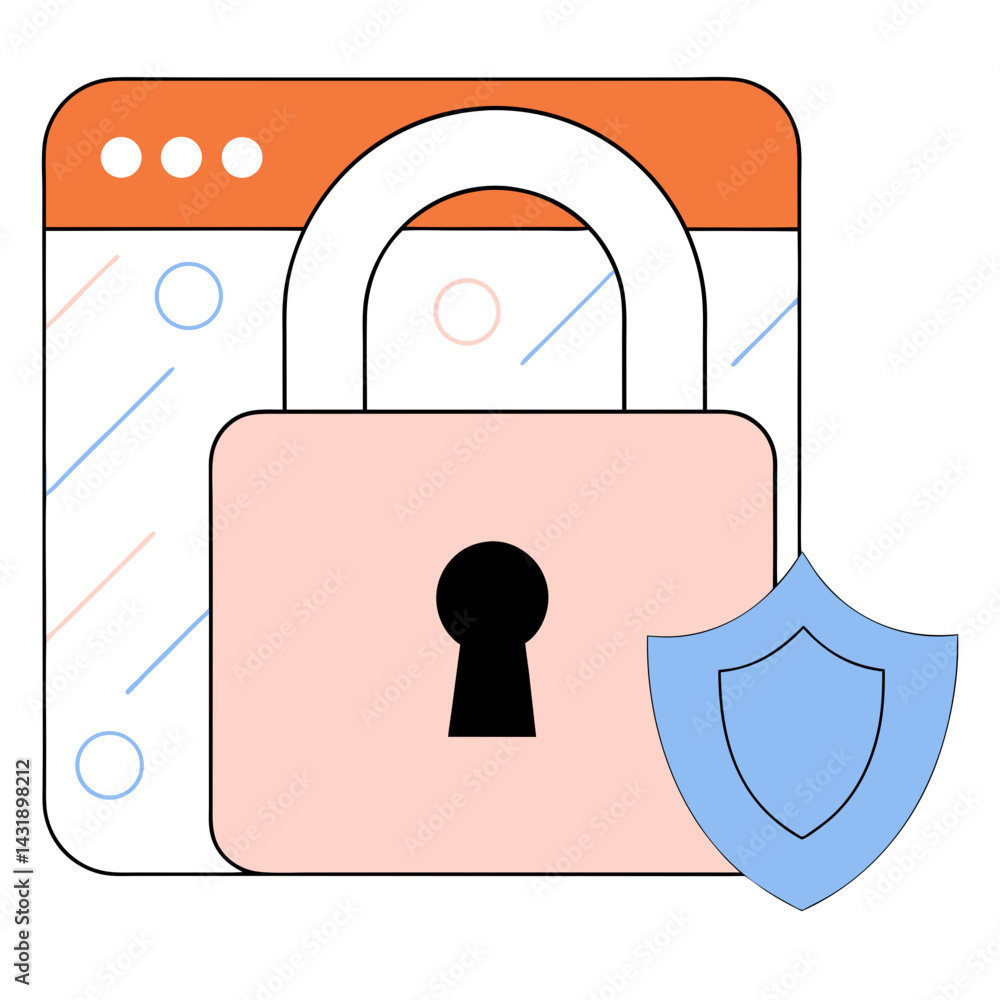 Poster secure your digital world with a sturdy lock and shield, a reassuring pastel palette with clean line