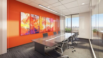 Modern office meeting room, city view, art