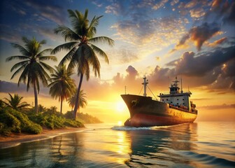 Obraz premium Sun Drenched Palm Tree & Ship: Tropical Island Documentary Photography