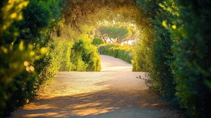 Path through green bushes forming arches with sunlight shining through in a park.