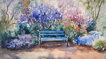 Vibrant blossoms surround a teal garden bench.