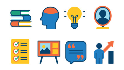 Flat vector icons of personal development: book stack, open mind, idea bulb, self-reflection mirror, goal checklist, vision board, motivation quote, career arrow.