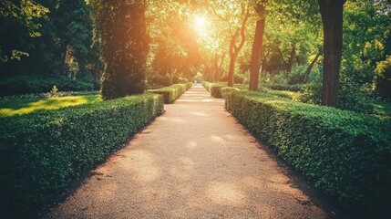 Obraz premium Pathway through green park with sunlight shining through trees creating a peaceful scene.
