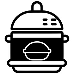 A vector illustration of kitchen utensils, including pots, pans, and a kettle, alongside a stove, ideal as a cooking icon or restaurant symbol