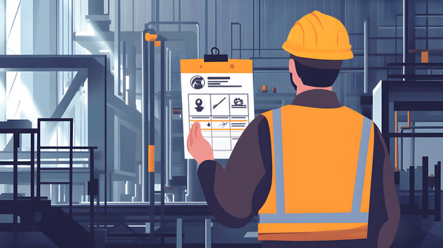 Man in safety gear reviews checklist in industrial setting with pipes and structural elements visible