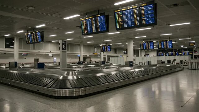 Empty baggage claim area in airport terminal. Travel and tourism concept with luggage conveyor belt and arrival departure boards. Transportation and logistics motion footage.