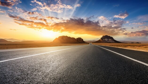 asphalt road and yardang landform mountain with beautiful sky clouds at sunset