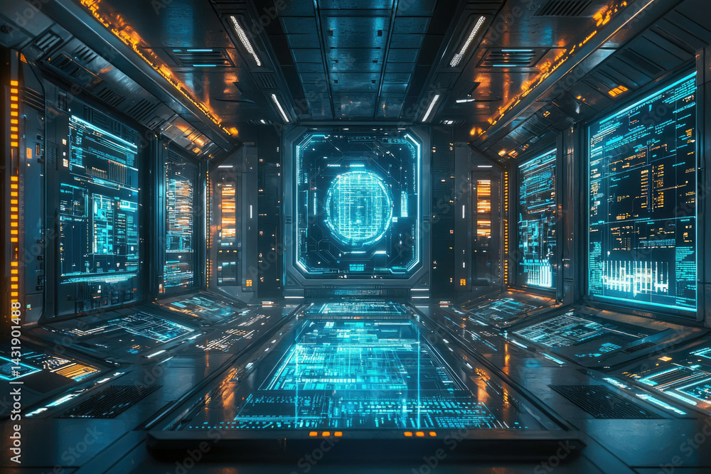 Poster Futuristic spaceship control room with glowing screens displaying complex data and holographic interface.