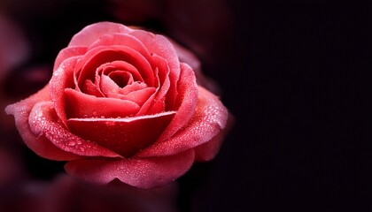 Fototapeta premium close up red pink color rose flower bud with water drop on dark black natural horizontal long background