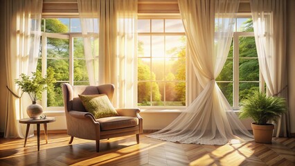Sunlit Room with Sheer Curtains: Bright Interior Design Stock Photo