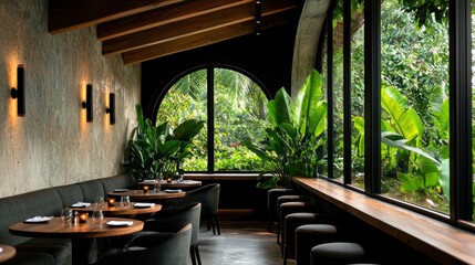 Fototapeta premium Open-air dining pavilion surrounded by lush greenery