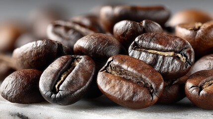 Roasted coffee beans scattered across a white marble slab with soft lighting effects