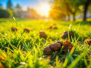 Obraz premium Sunny Day Dog Poop Close-Up in Park Grass – Stock Photo