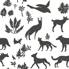 Serene Wildlife Silhouette Pattern: Elegant Dark Grey Animals and Plants on White Background