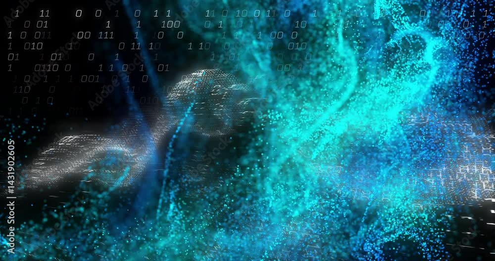 Poster glowing turquoise and cyan particles streaming right to left, 3d render with binary digits