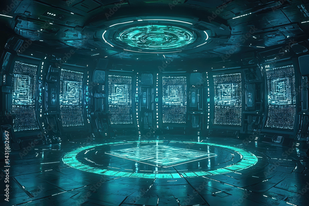 Aufkleber futuristic control room with glowing screens displaying complex data and a central activation pad.