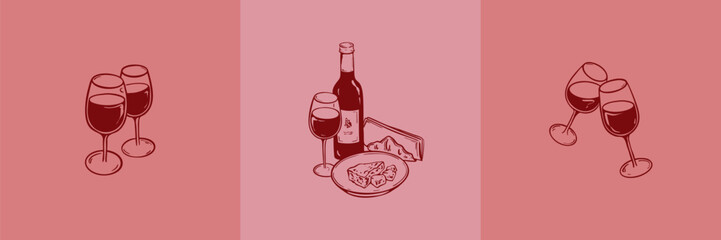 Wine and cheese hand drawn sketch posters set. Bottle, wineglass, parmesan plate doodle ink drawing. Restaurant, bar food and drink menu design elements. Italian or French vinery background
