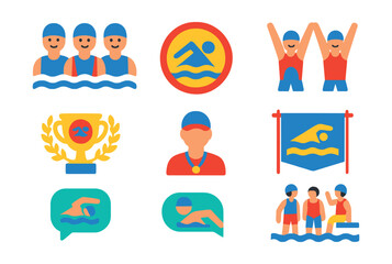 Flat vector icons of swim communities and clubs: swim team, club logo, group warm-up, event banner, club awards, coach figure, swimmer chat bubble, poolside meetup.
