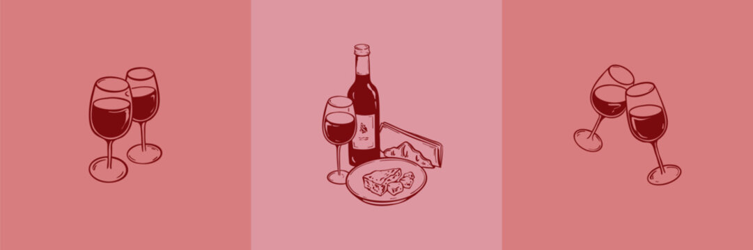 Wine and cheese hand drawn sketch posters set. Bottle, wineglass, parmesan plate doodle ink drawing. Restaurant, bar food and drink menu design elements. Italian or French vinery background