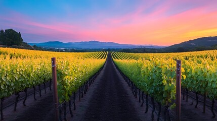 Naklejka premium A Serene Vineyard Rows Glowing Amidst a Stunning Sunset Painting the Sky in Napa Valley of excellence
