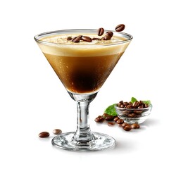 A coffee martini cocktail in a martini glass with coffee beans floating above, isolated on a white background