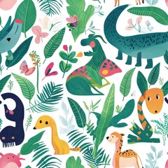 Fototapeta premium Vibrant Tropical Jungle Animal Print: Exotic Creatures in Lush Foliage