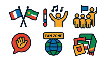Flat vector icons of international fan culture: fan flags, face paint kit, cultural chant icon, fan tour group, language cheer bubble, fan zone globe, team stickers, travel scarf.
