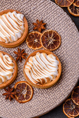 Lemon tart, meringue pie or fruit cream tart