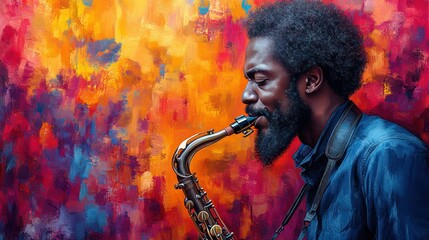 Saxophonist with vibrant art background.