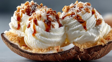 Enjoying Thai coconut ice cream served in a halved coconut shell with crunchy toppings