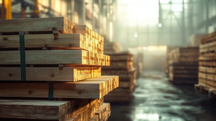 Obraz premium Piled lumber in a warehouse