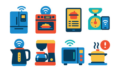 Flat vector icons of smart kitchen appliances: smart fridge, connected oven, recipe display, kitchen scale with app, smart kettle, coffee maker icon, voice-controlled microwave, cooking alert.