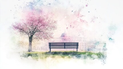 Peaceful springtime scene with cherry blossoms and park bench.