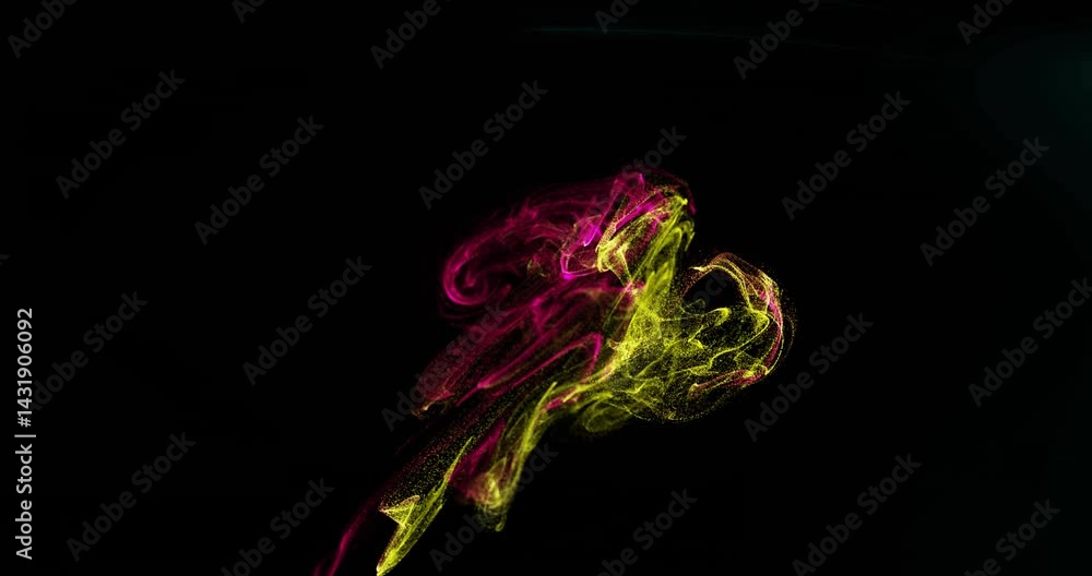 Poster 3d render animating magenta and yellow neon swirl floating over dark background with thin neon arc