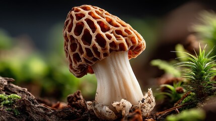 Close-up of a Morchella esculenta mushroom on moss in natural light