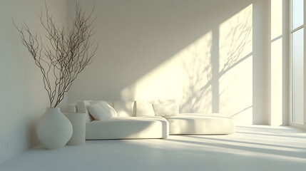 Modern minimalist living room featuring neutral tones, artistic vases, and dried botanical decor for a serene, natural aesthetic.