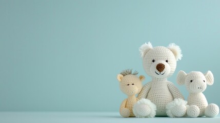 plush animal trio, crochet soft toys, minimal teal backdrop, bear lion pig characters, pastel yarn texture, neutral tones, clean copy space, front layout, soft light mood