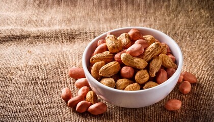 roasted peanuts in a white bowl on burlap background