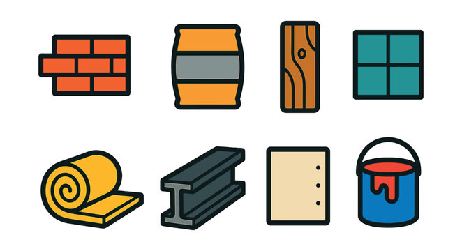 Flat vector icons of building materials: brick, cement bag, wood plank, tile, insulation roll, metal beam, drywall panel, paint can.