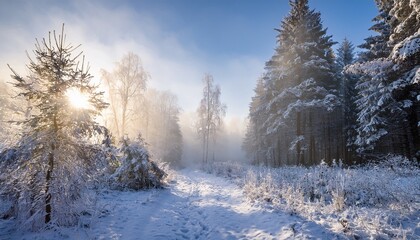 Obraz premium a path in a winter forest with the sun shining through the morning haze and snow covered trees