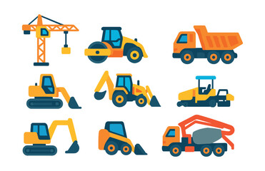 Flat vector icons of heavy machinery: tower crane, road roller, backhoe loader, dump truck, crawler excavator, skid steer loader, paver machine, cement pump.