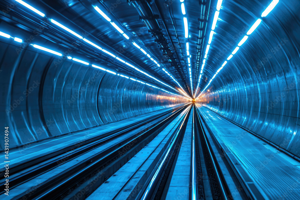 Poster a futuristic, brightly lit train tunnel with tracks extending to a distant light source.