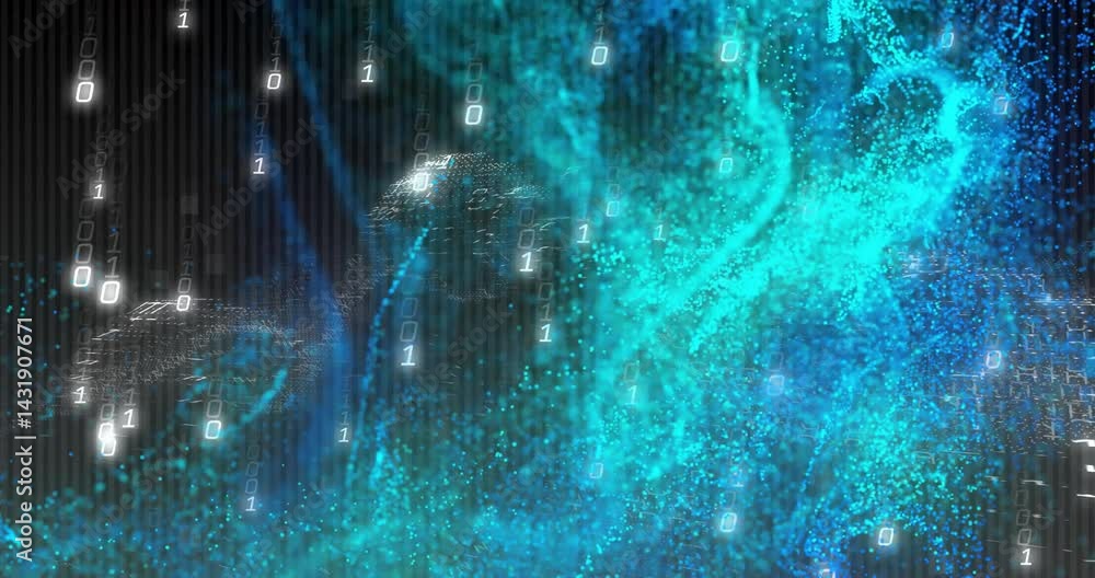  glowing binary digits streaming over 3d turquoise particle cloud, showing digital network motion