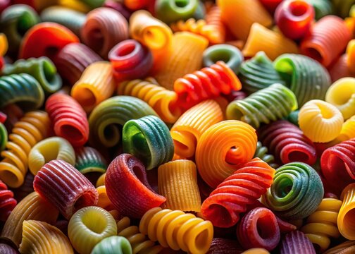Surreal Close-Up of Colorful, Intertwined Coditos Pasta; Abstract Food Photography
