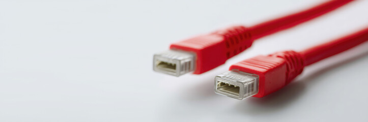 Red cables with clear connectors in close-up view, showing detailed texture on the plastic casing and metallic connectors.  
