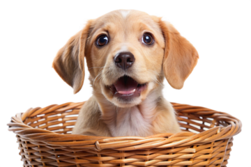puppy in basket isolated on white background
