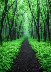 Fototapeta premium A Tranquil Forest Path Beckons Wandering Souls Through Verdant Woodlands and Lush