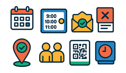 booking and reservation apps: date picker, time slot selector, confirmation email icon, cancel reservation icon, location pin with checkmark, guest count, event QR pass, booking history.