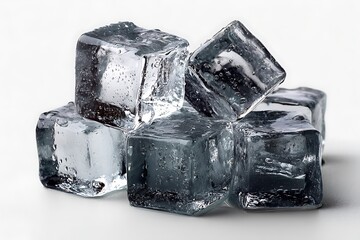 Clear ice cubes piled together on a white background, creating a refreshing and crisp visual perfect for drinks.