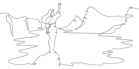 Continuous one line drawing woman on the shore of a mountain lake. Lake at the foot of high mountains. Mountain landscape.